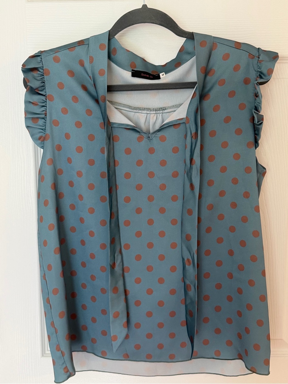 Sleeveless Tie-Neck Polka Dot Blouse - Blue with Brown Dots